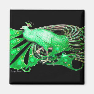 ELEGANT PEACOCK IN GREEN,BLACK MAGNET