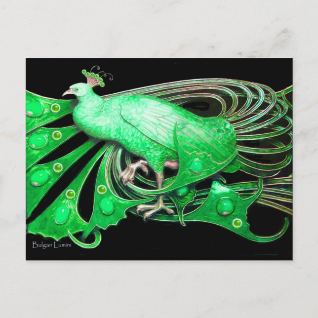 ELEGANT PEACOCK IN GREEN BLACK POSTCARD (Front)
