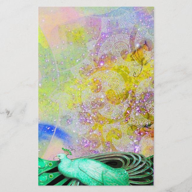 ELEGANT PEACOCK IN GREEN SPARKLING YELLOW PURPLE STATIONERY (Front)