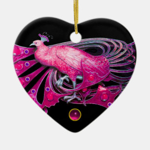ELEGANT PEACOCK IN PINK FUCHSIA AMETHYST HEART CERAMIC TREE DECORATION