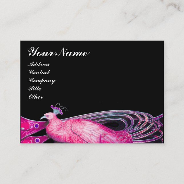 ELEGANT PEACOCK IN PINK FUCHSIA ,BLACK BUSINESS CARD (Front)
