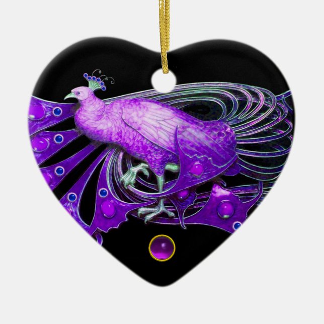 ELEGANT PEACOCK IN PURPLE AMETHYST HEART CERAMIC TREE DECORATION (Front)