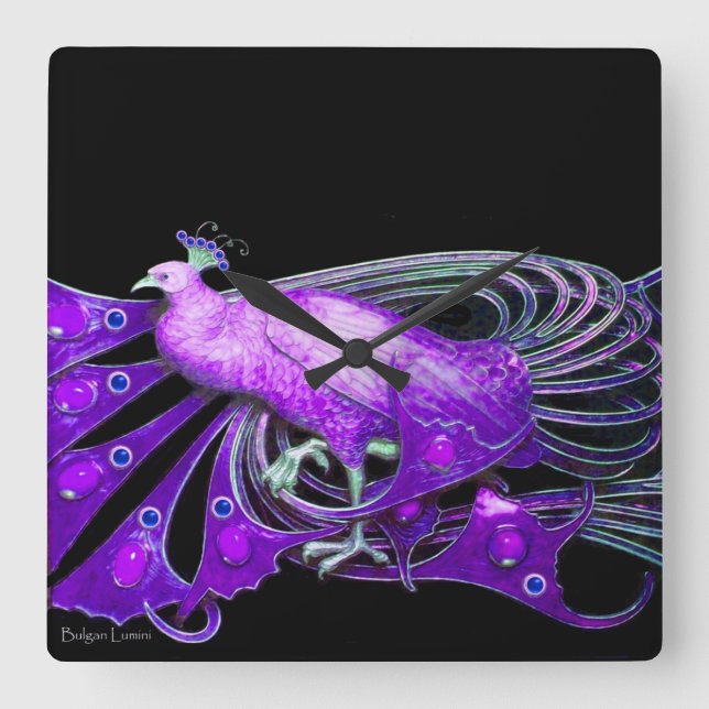 ELEGANT PEACOCK IN PURPLE AND BLACK SQUARE WALL CLOCK (Front)