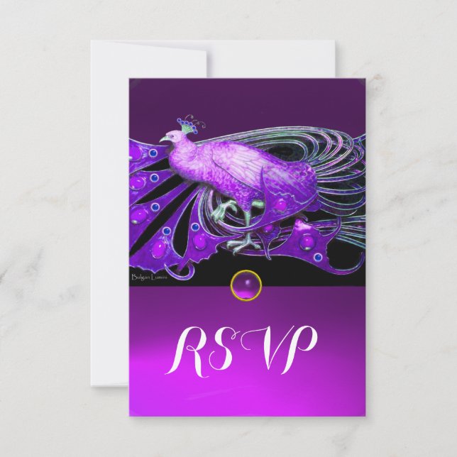 ELEGANT PEACOCK IN PURPLE,BLACK WEDDING RSVP (Front)