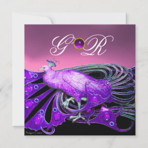 ELEGANT PEACOCK IN PURPLE, PINK WEDDING  MONOGRAM INVITATION