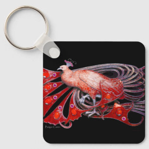 ELEGANT PEACOCK IN RED AND BLACK KEY RING