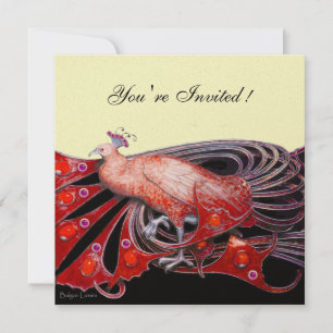 ELEGANT PEACOCK IN RED BLACK AND GOLD Metallic Invitation