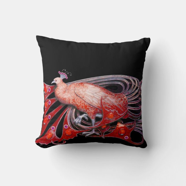 ELEGANT PEACOCK IN RED BLACK CUSHION (Front)
