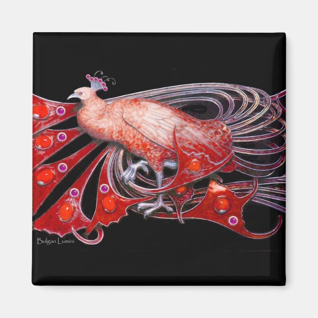ELEGANT PEACOCK IN RED,BLACK MAGNET (Front)
