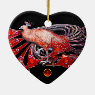 ELEGANT PEACOCK IN RED RUBY HEART CERAMIC TREE DECORATION