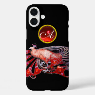 ELEGANT PEACOCK IN RED, RUBY MONOGRAM iPhone 16 PLUS CASE