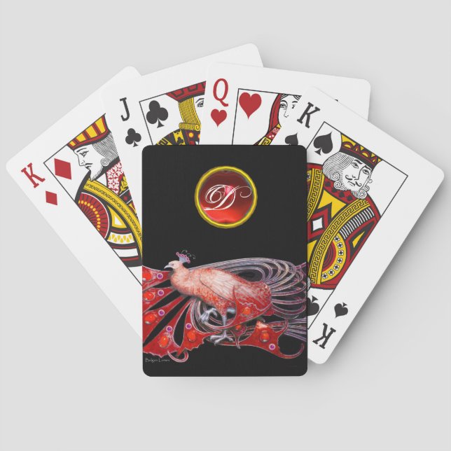 ELEGANT PEACOCK IN RED RUBY MONOGRAM PLAYING CARDS (Back)