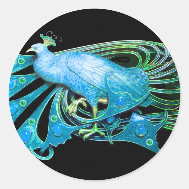 ELEGANT PEACOCK IN TEAL AQUA BLUE,BLACK CLASSIC ROUND STICKER (Front)