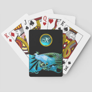 ELEGANT PEACOCK IN TEAL BLUE AQUAMARINE MONOGRAM  PLAYING CARDS