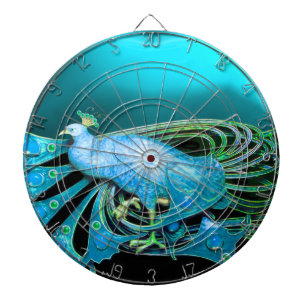 ELEGANT PEACOCK IN TEAL ,TURQUOISE BLUE DARTBOARD