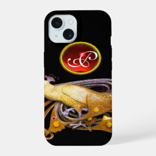 ELEGANT PEACOCK IN YELLOW, RUBY MONOGRAM iPhone 15 CASE