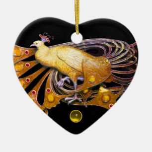 ELEGANT PEACOCK IN YELLOW TOPAZ HEART CERAMIC TREE DECORATION