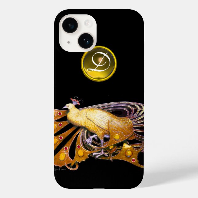 ELEGANT PEACOCK IN YELLOW, TOPAZ MONOGRAM,black Case-Mate iPhone Case (Back)
