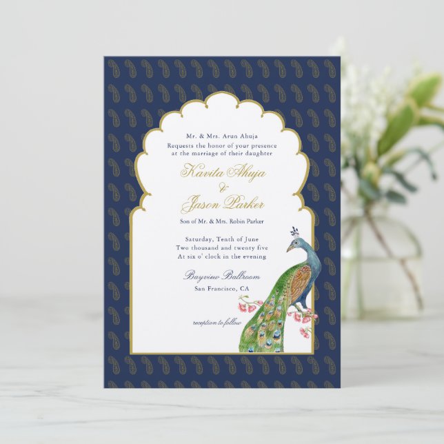 Elegant Peacock Indian wedding Navy blue Invitation (Standing Front)