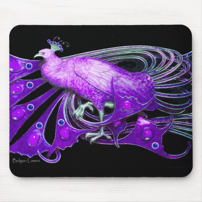 ELEGANT PEACOCK JEWEL IN PURPLE BLACK MOUSE PAD (Front)