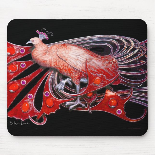 ELEGANT PEACOCK JEWEL IN RED BLACK MOUSE PAD (Front)