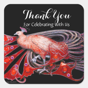ELEGANT PEACOCK JEWEL IN RED BLACK Thank You Square Sticker