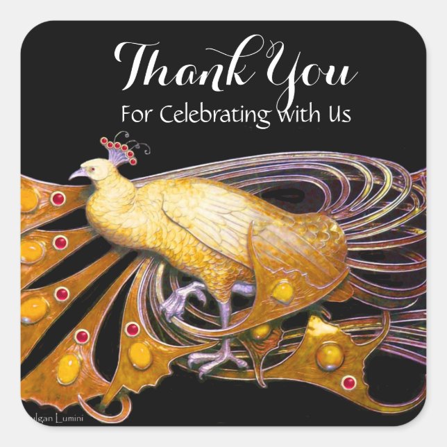 ELEGANT PEACOCK JEWEL IN YELLOW,BLACK Thank You Square Sticker (Front)