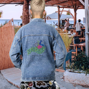 Elegant Peacock Lotus Flower Ornate Blue Henna Denim Jacket