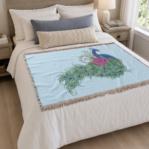 Elegant Peacock Lotus Flower Ornate Blue Henna Throw Blanket