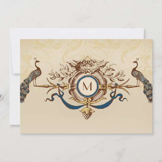 Elegant Peacock Monogram Vintage Wedding Invites (Front)