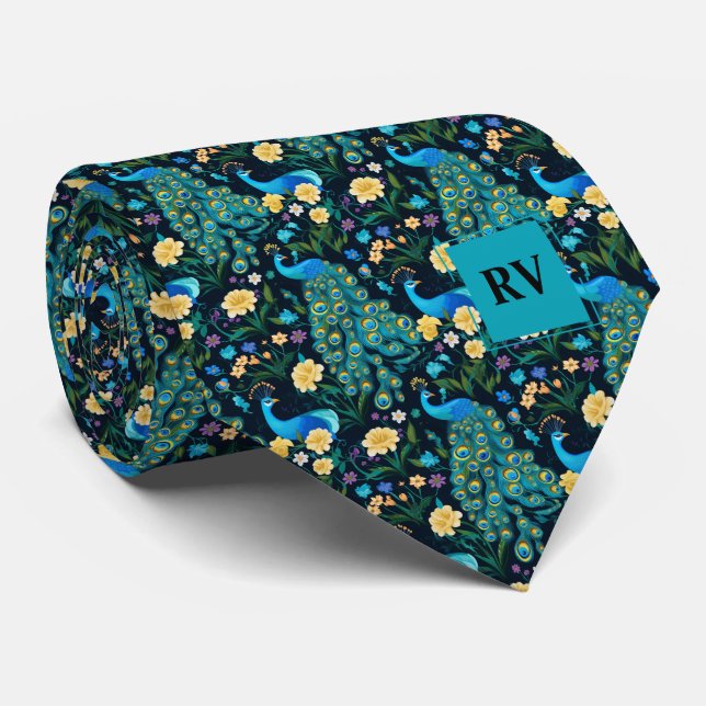 Elegant Peacock Monogram Wedding Tie (Rolled)