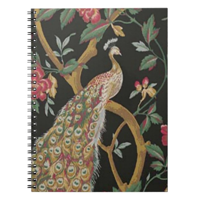 Elegant Peacock On Black Spiral Notebook (Front)