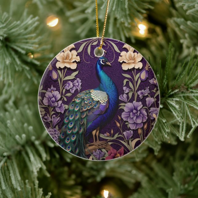 Elegant Peacock On Purple William Morris Inspired Ceramic Tree Decoration (Tree)