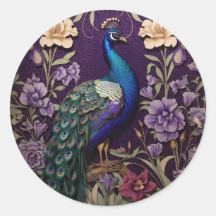 Elegant Peacock On Purple William Morris Inspired Classic Round Sticker
