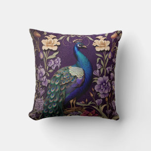 Elegant Peacock On Purple William Morris Inspired Cushion