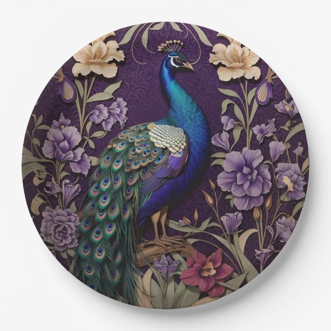 Elegant Peacock On Purple William Morris Inspired Paper Plate (Front)