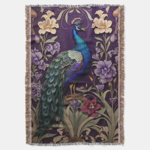 Elegant Peacock On Purple William Morris Inspired Throw Blanket
