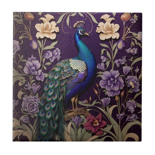 Elegant Peacock On Purple William Morris Inspired Tile (Front)