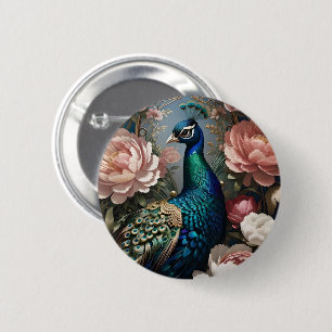 Elegant Peacock Pink Peonies 6 Cm Round Badge