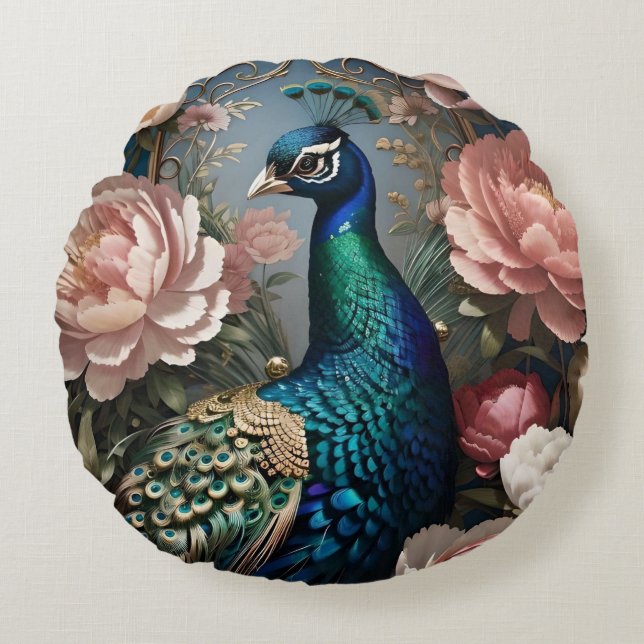 Elegant Peacock Pink Peonies  Round Cushion (Front)