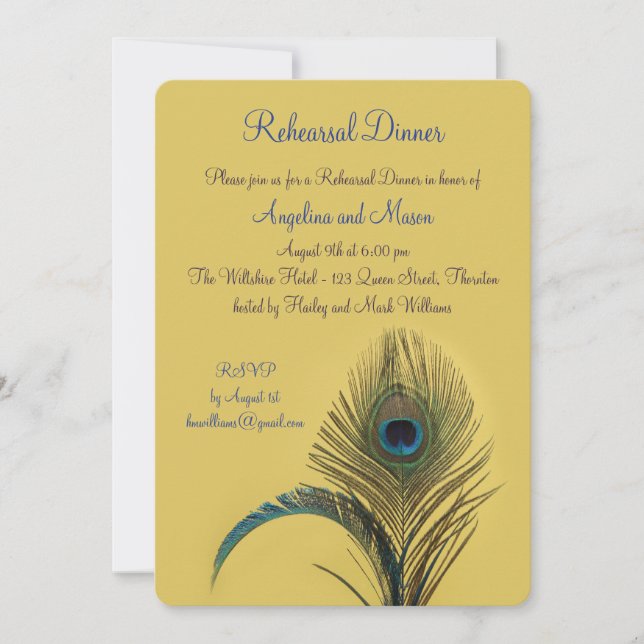 Elegant Peacock Rehearsal Dinner (yellow) Invitation (Front)