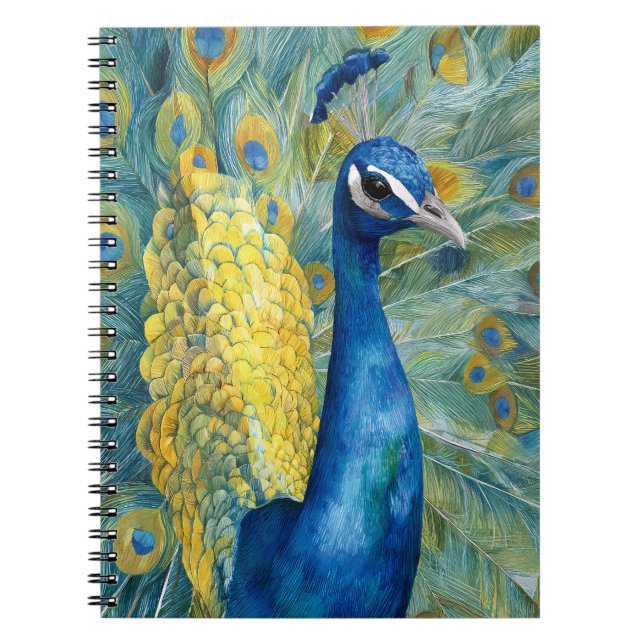 Elegant Peacock Teal Gold Feather Art Notebook (Front)