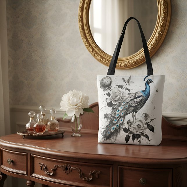 Elegant Peacock Tote Bag with Floral Illustration  (Creator Uploaded)