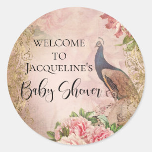 Elegant Peacock Vintage Peony Girl Baby Shower Classic Round Sticker