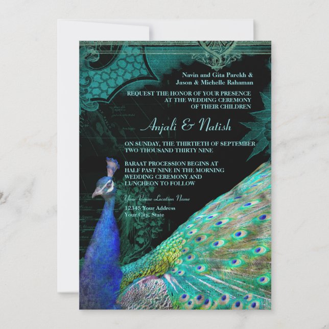 Elegant Peacock w Vintage Scrolls Indian Wedding Invitation (Front)