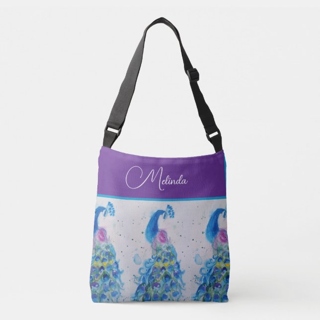 Elegant Peacock Watercolor Blue Painting Crossbody Bag (Front)