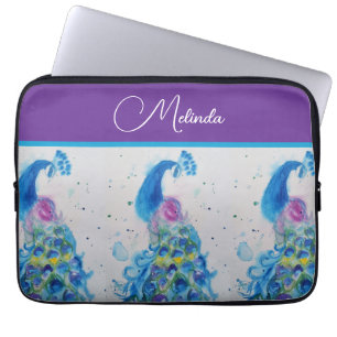 Elegant Peacock Watercolor Blue Painting Laptop Sleeve