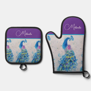 Elegant Peacock Watercolor Blue Painting Oven Mitt & Pot Holder Set