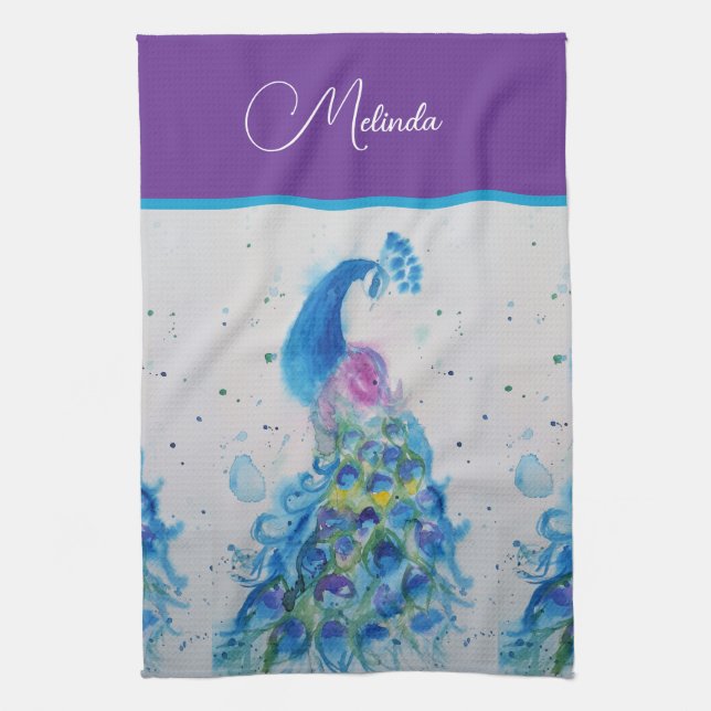 Elegant Peacock Watercolor Blue Painting Tea Towel (Vertical)