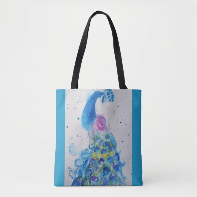 Elegant Peacock Watercolor Blue Painting Womans Tote Bag (Front)